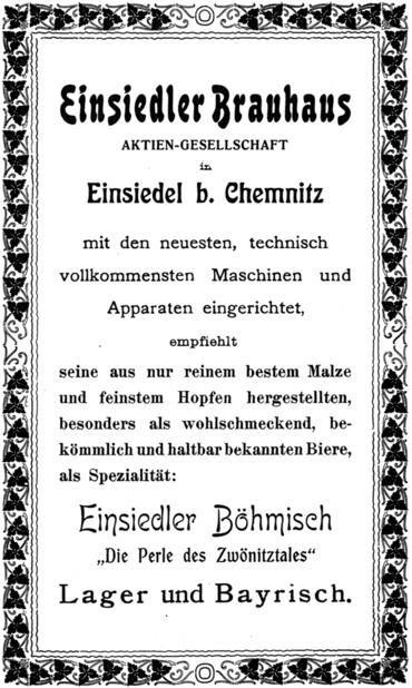 Anzeige des Einsiedler Brauhauses in: „Das Zwönitztal im Königreich Sachsen“ (1905)