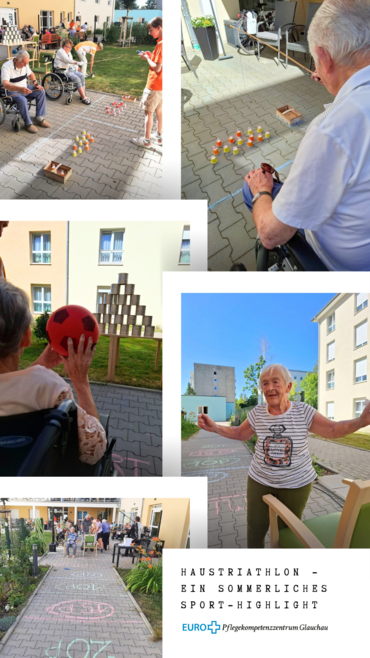 Collage von Fotos, die Bewohner bei sportlichen Aktivitäten im Freien zeigen. Text: 'Haustriathlon – ein sommerliches Sport-Highlight'.