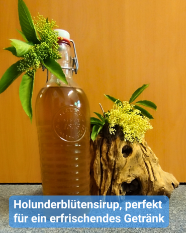 Eine Flasche Holunderblütensirup steht neben Holunderblüten und einem Stück Holz. Text: 'Holunderblütensirup, perfekt für ein erfrischendes Getränk'.