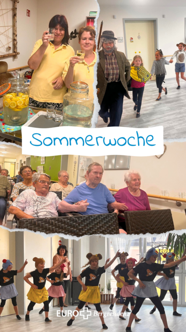 Bildcollage verschiedener Aufnahmen der Sommerwoche, mit Senioren, Kindern vom Karnevalverein und erfrischenden Getränken. Bildbeschriftung: Sommerwochen Bergresidenz