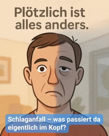 Naheaufnahme einer stilisierten, cartoonhaften Darstellung des Gesichts eines Mannes, das scheinbar in der Mitte geteilt ist. Eine Seite wirkt normal, während die andere Anzeichen einer möglicher Lähmung zeigt.  Der Mann hat braunes Haar und einen besorgten Gesichtsausdruck. Der auf das Bild überlagerte Text ist in deutscher Sprache verfasst. Oben steht „Plötzlich ist alles anders.“  Unten befindet sich in einem kleineren rechteckigen Feld der Text „Schlaganfall – was passiert da eigentlich im Kopf?“. Der Mann trägt ein einfaches oranges Hemd. Der Hintergrund zeigt unscharf eine gedämpfte Darstellung eines Innenraums, das auf ein Zuhause oder eine Wohnung hindeutet.