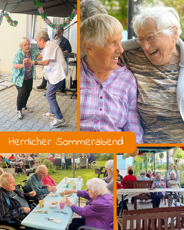 Eine Bildcollage vom ausgelassenen Miteinander. Seniorinnen und Senioren lachen, tanzen und genießen. Gutes Essen in geselliger Runde. Bildbeschriftung: Herrlicher Sommerabend
