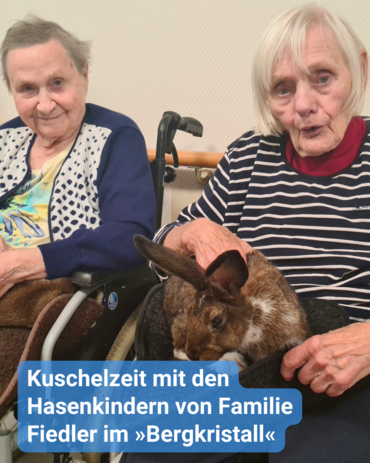 Zwei ältere Damen im Rollstuhl sitzen nebeneinander und schauen ganz begeistert in die Kamera. Auf ihrem Schoß sitzen Hasen und werden gestreichelt. Bildbeschriftung: Kuschelzeit mit den Hasenkindern von Familie Fiedler
