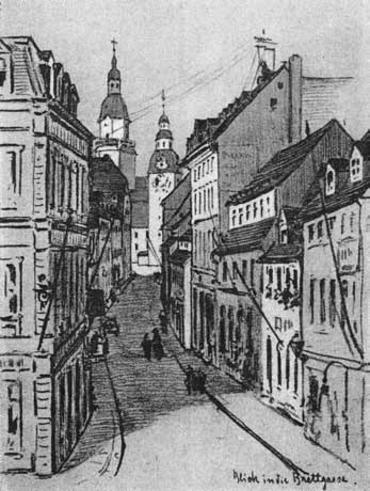 Blick in die Bretgasse 1911. Zeichnung der Künstlerin Martha Schrag