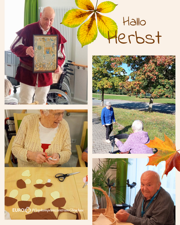 Bildcollage mit vier Fotos von herbstlichen Momentaufnahmen von Seniorinnen und Senioren. Dekoriert mit bunten Herbstblättern. Bildbeschriftung: Hallo Herbst