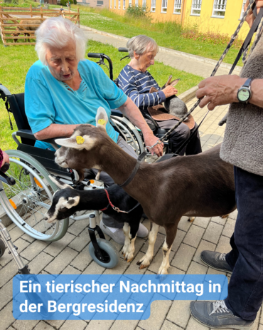 Eine ältere Frau im Rollstuhl streichelt eine kleine Ziege, daneben eine weitere Ziege. Text: 'Ein tierischer Nachmittag in der Bergresidenz'.