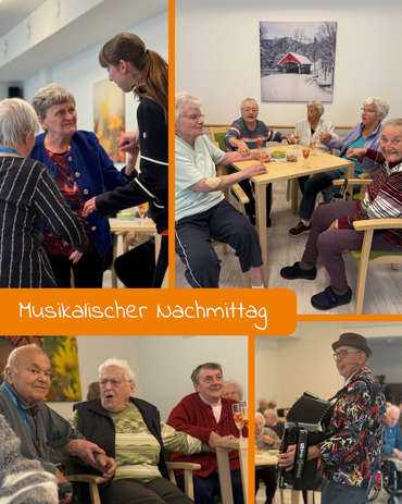 Musikalischer Nachmittag: Bild, Collage mit Musiker und Senioren im Publikum