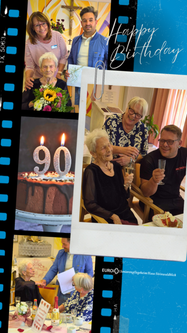 Eine Bildcollage zum 90. Geburtstag mit der Aufschrift Happy Birthday für eine Seniorin.