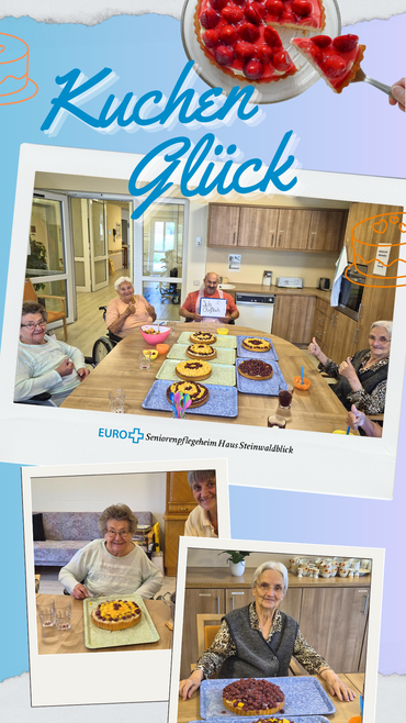 Bild Collage mit drei Fotos zum Thema Kuchen Glück. Im ersten Bild sitzen mehrere Senioren an einem Tisch, gedeckt mit ganz vielen Obstkuchen und Torten. Die zwei anderen Bilder zeigen Portraitaufnahmen von Seniorinnen, welche freundlich in die Kamera lächeln und die Obstkuchen präsentieren