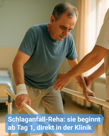 Ein älterer Herr übt in einer Rehaklinik das Laufen mit einem Physiotherapeuten. Bildbeschriftung: Schlaganfall-Reha: sie beginnt ab Tag 1, direkt in der Klinik