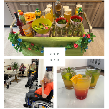 Bildcollage von drei Fotos mit Früchten, Cocktails und Senioren, die die Cocktails genießen. Bildbeschriftung: Sommer