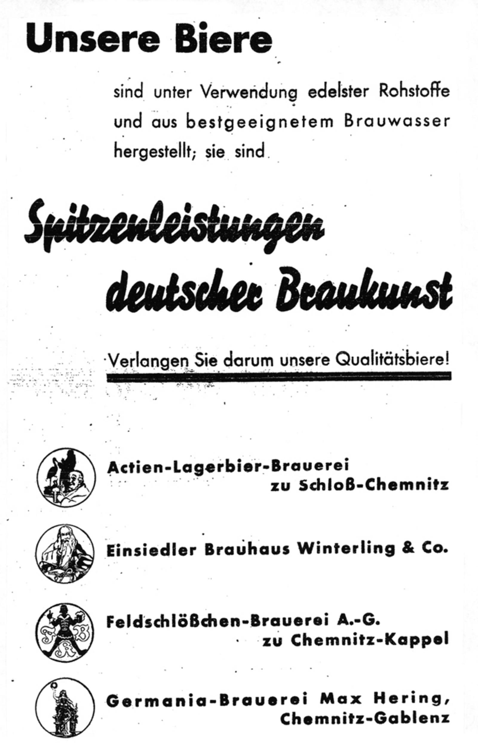 Großanzeige von Chemnitzer Brauereien in der Jubiläums-Ausgabe des Chemnitzer Tageblatt und Anzeiger vom 29.01.1938