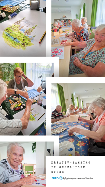 Bildcollage von verschiedenen Aufnahmen von Seniorinnen und Senioren, die gemeinsam malen. Bildunterschrift: „Kreativ-Samstag in geselliger Runde”